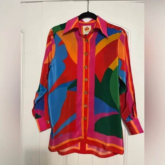 Farm Rio Color Leaves silk blouse SZ XS oversized - Picture 1 of 9